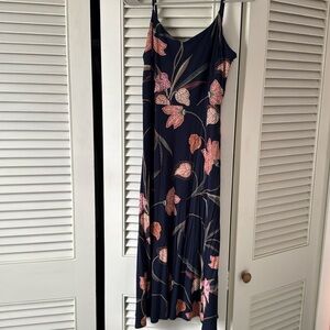 Rayon/spandex (incredibly comfortable) navy + multi color dress-Loft- size 4